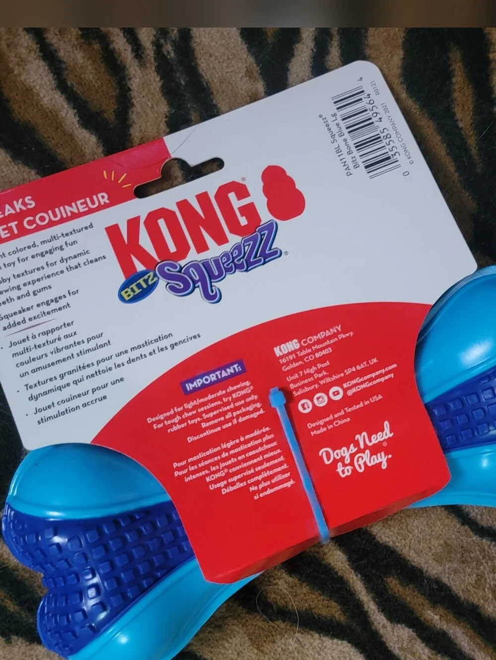 Kong Dog Bitz Squeezz Blue Dual-Tone Bone Toy Large Ea.